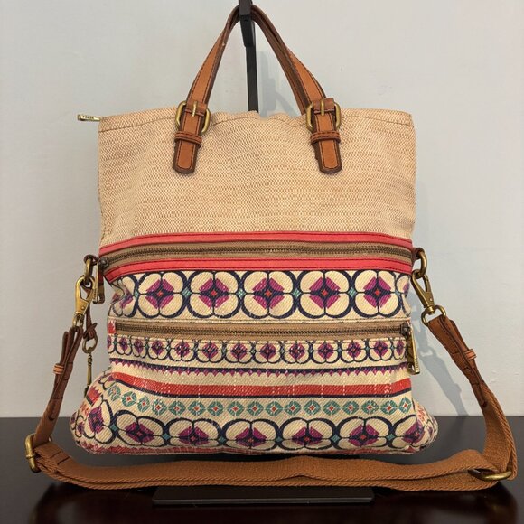 Fossil Bohemian Style Cream Geometric Design Explorer Fold Over Tote - Picture 1 of 15